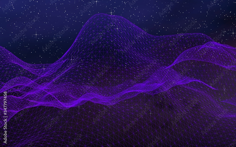 Abstract ultraviolet landscape on a dark background. Purple cyberspace grid. hi tech network. Outer space. Violet starry outer space texture. 3D illustration Abstract ultraviolet landscape on a dark background. Purple cyberspace grid. hi tech network. Outer space. Violet starry outer space texture. 3D illustration