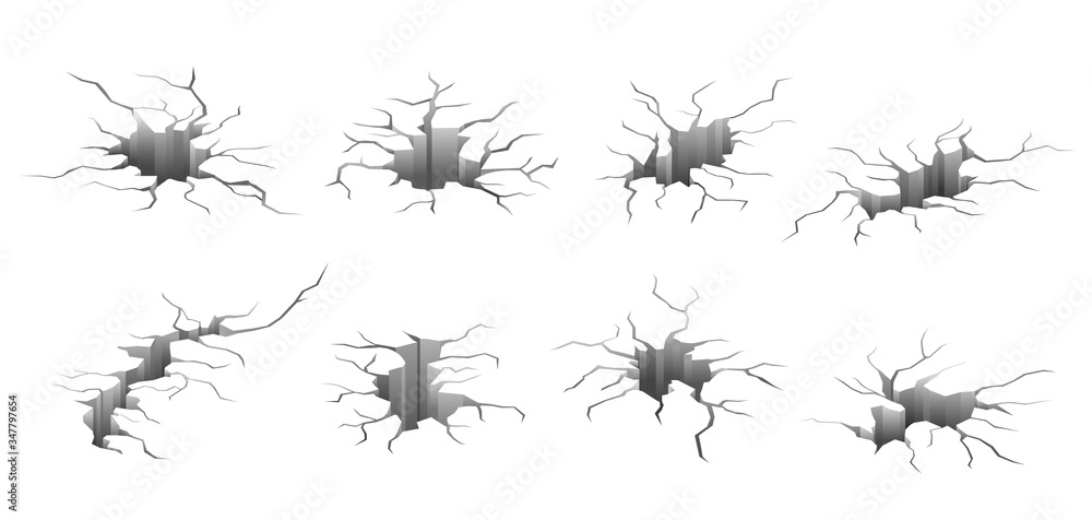 Earthquake cracks. Concrete wall cracked. Isolated destroyed ground surface holes. Earth break or abstract destruction vector illustration. Earthquake damage, crack wall surface, ground crash - obrazy, fototapety, plakaty 