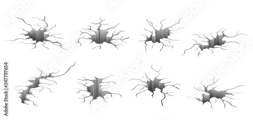 Earthquake cracks. Concrete wall cracked. Isolated destroyed ground surface holes. Earth break or abstract destruction vector illustration. Earthquake damage, crack wall surface, ground crash