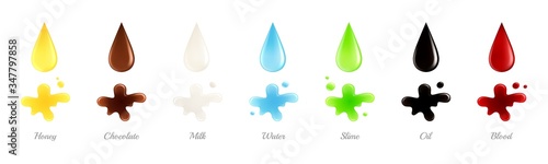 Realistic liquid drops. Colorful fluid drips. Falling petrol oil milk honey blood. Isolated splots of water and slime. Droplets vector set. Realistic fluid, syrup and dew, lubricant illustration