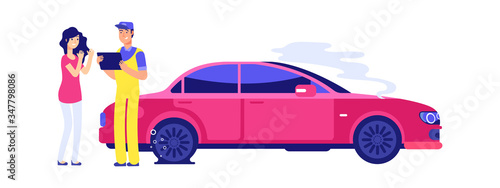 Car insurance accident. Woman auto damage. Girl driver and service manager near . Flat tire vector illustration. Auto insurance, damage accident, driver and automobile