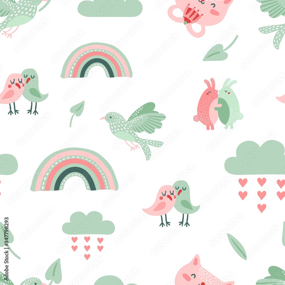 Cute animal pattern. Dove, birds and cat. Rainbow, clouds scandinavian background. Baby textile print, cartoon vector seamless texture. Illustration bird and cat, pattern lovely hare