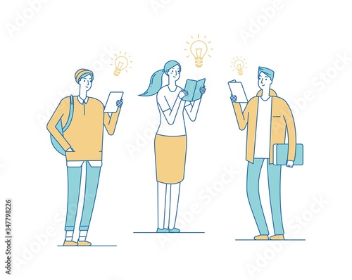 Creative young people. Teenagers reading books, students finding solutions. Man woman have new ideas vector illustration. Young people with book education, student study