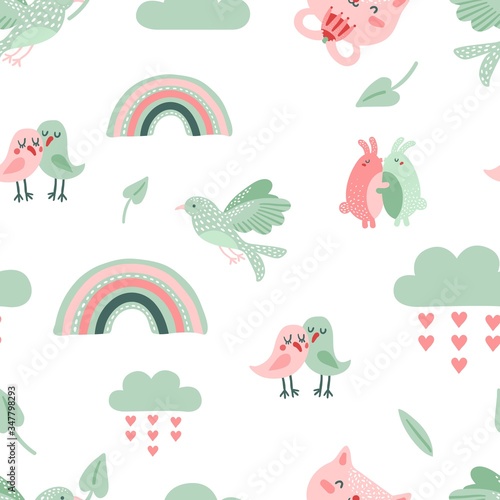 Cute animal pattern. Dove  birds and cat. Rainbow  clouds scandinavian background. Baby textile print  cartoon vector seamless texture. Illustration bird and cat  pattern lovely hare