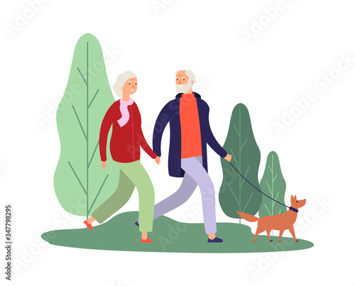 Dog owners. Elderly couple walking with puppy. Healthcare therapy, breathe fresh air. Old people walk in park or forest vector illustration. Woman and grandfather, people walk, grandmother with dog