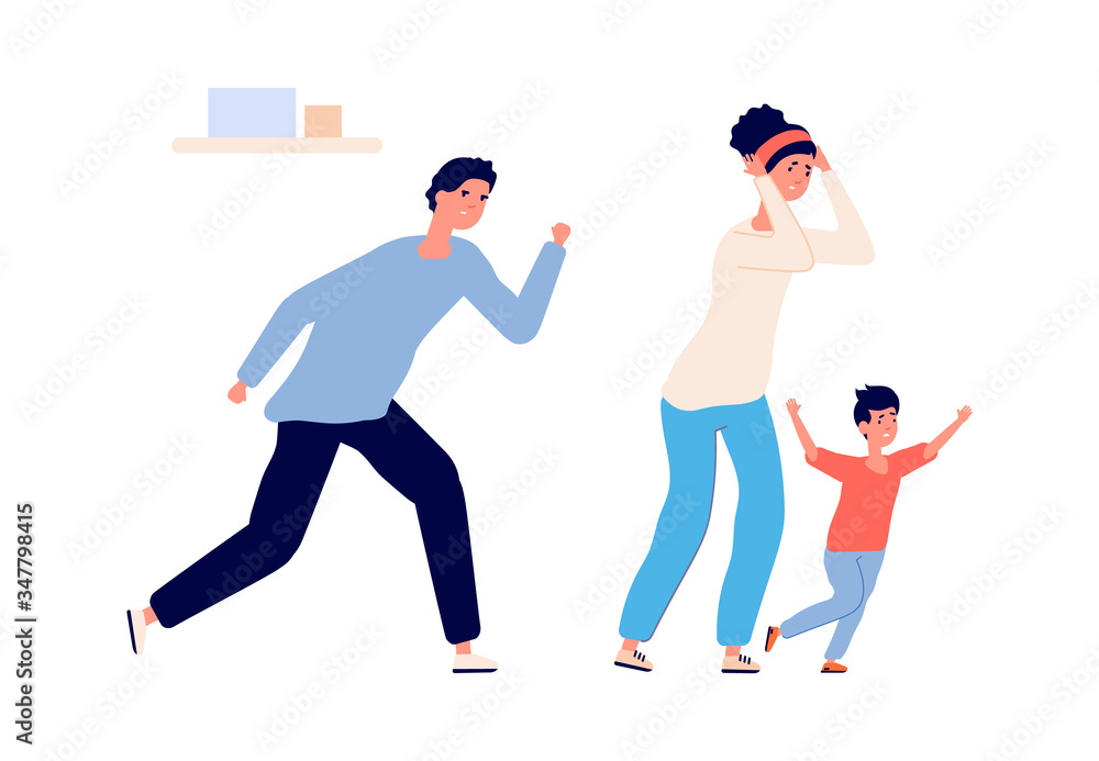 Family divorce. Angry people suffering, scolding, fight. Quarrel and violence, disregard feelings. Conflict relationships vector illustration. Family couple, parent arguing, problem suffer Family divorce. Angry people suffering, scolding, fight. Quarrel and violence, disregard feelings. Conflict relationships vector illustration. Family couple, parent arguing, problem suffer