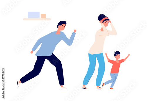 Family divorce. Angry people suffering, scolding, fight. Quarrel and violence, disregard feelings. Conflict relationships vector illustration. Family couple, parent arguing, problem suffer