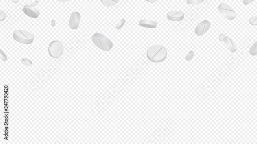Falling pills. Realistic white drugs, antibiotics or aspirin banner. Pharmacy background with tablets. 3D virus killers vector illustration. Antibiotic medical, pill vitamin, pharmacy capsule