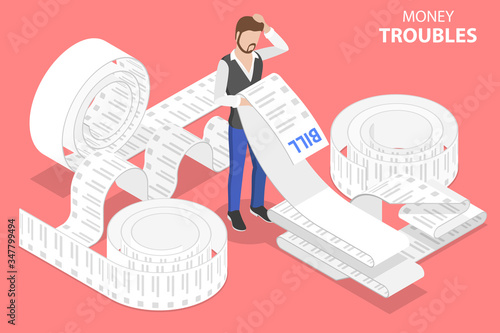 3D Isometric Flat Vector Concept of Money Troubles, Financial Problems, Business Crisis and Bankruptcy, Upaid Bills or Loan Debt.