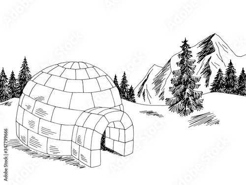Igloo winter mountain landscape graphic black white sketch illustration vector