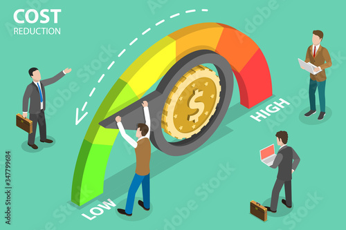 3D Isometric Flat Vector Concept of Cost Reduction, Dollar Rate Decrease, Price Minimising, Falling Rate of Profit.