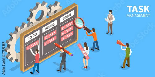 3D Isometric Flat Vector Concept of Task Management Process, Scheduling Tool, Planning Board, Team Planner Meeting.