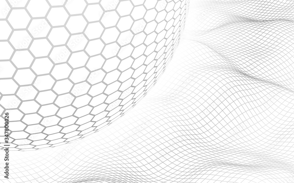 Abstract landscape on a white background with white honeycomb sphere. Cyberspace grid. hi tech network. 3d illustration