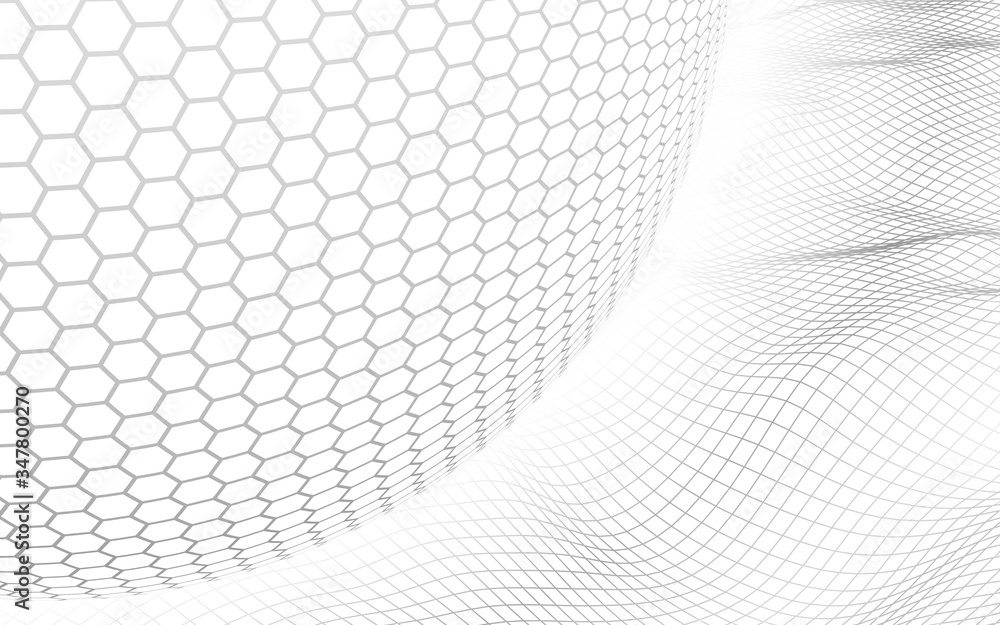 Obraz premium Abstract landscape on a white background with white honeycomb sphere. Cyberspace grid. hi tech network. 3d illustration