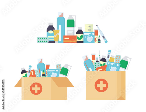 Delivery pharmacy service. Open cardboard box and Paper bag with a set of drugs, pills and bottles inside. Vector illustration in flat style on white background
