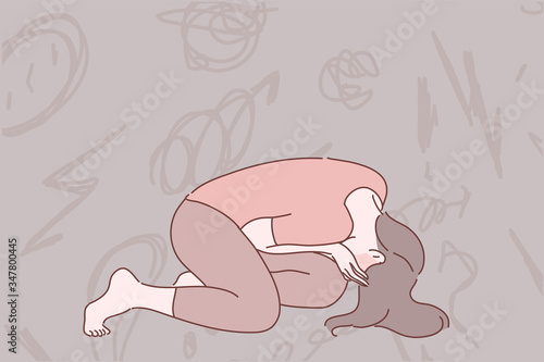 Despair, frustration, depression concept. Young depressed desperate woman or girl cartoon character sitting on floor covering face. Fatigue and raising of mental stress because bad news illustration.