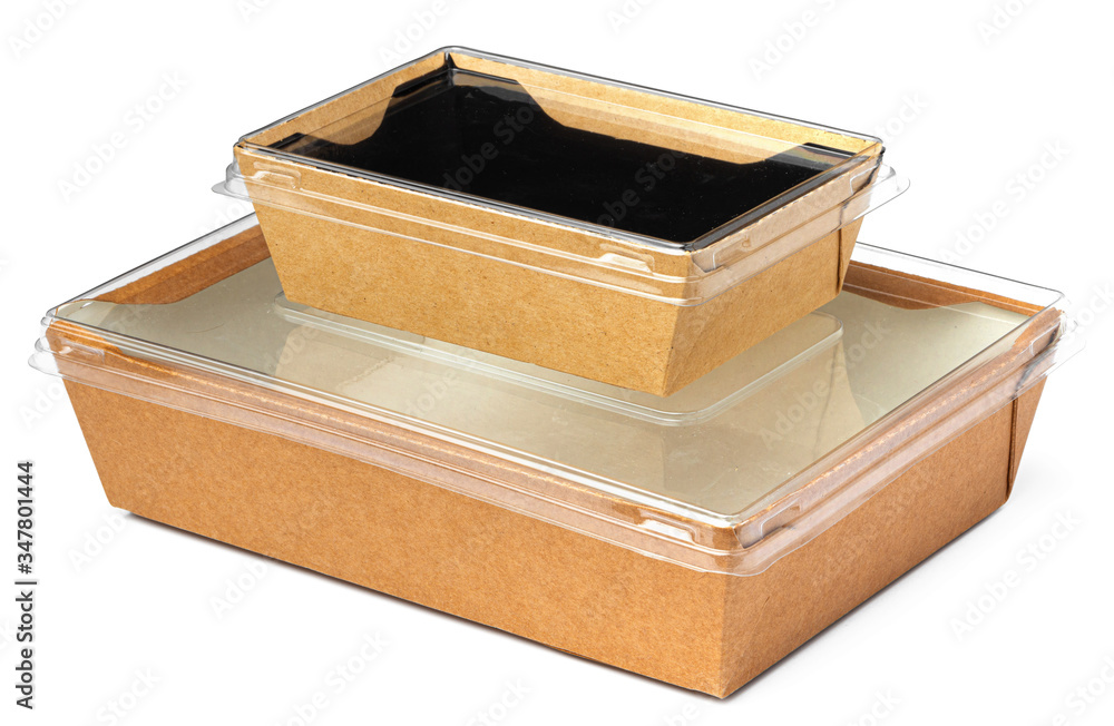 Craft package food box with transparent cover on white background close up Craft package food box with transparent cover on white background close up