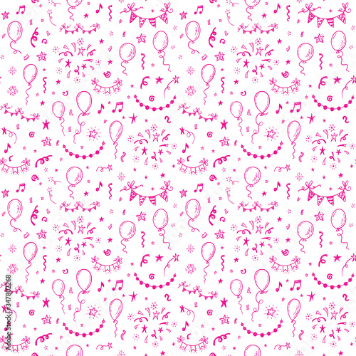 Hand drawn doodle party background with air balloons, fireworks, confetti, and bunting flags garlands.