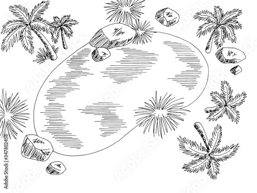 Oasis aerial top view from above desert graphic black white landscape illustration vector