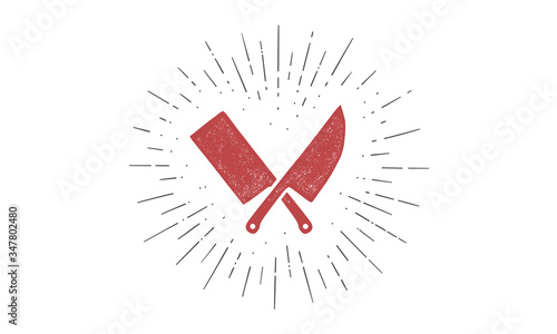 Set of butcher knives icons. Silhouette two butcher knives - Cleaver and Chef Knives and sunburst. Logo template for meat business - farmer shop, market, butchery or design. Vector Illustration
