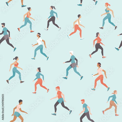people jogging and keeping social distance on coronavirus COVID-19 outbreak quarantine. Daily exercise outside.  seamless pattern © Zubada
