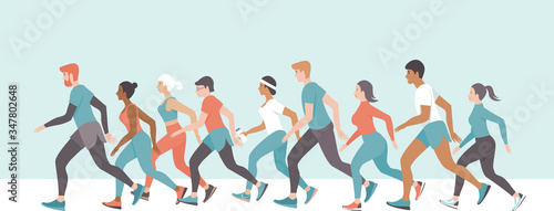 Crowd of people running. Men and Women jogging. Marathon race concept. Sport and fitness design template with runners and athletes