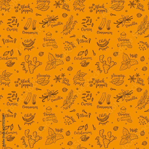 Seamless vector pattern background with hand drawn spices and herbs doodles.