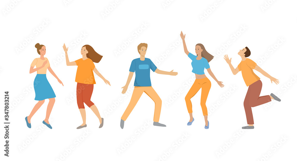 A group of young people dancing, men and women. Funny poses, bright colors, characters shapes isolated on a white background. Girls and boys are smiling, having fun. Flat cartoon vector illustration