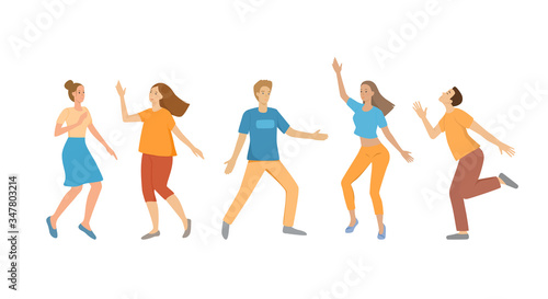 A group of young people dancing  men and women. Funny poses  bright colors  characters shapes isolated on a white background. Girls and boys are smiling  having fun. Flat cartoon vector illustration