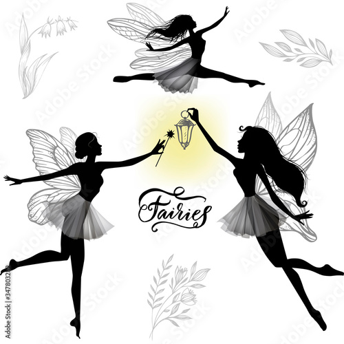 Set of silhouettes figures little beautiful fairies