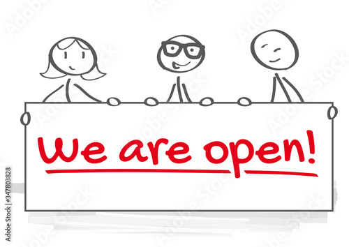 Team holding banner with the inscription - we are Open - isolated on transparent background