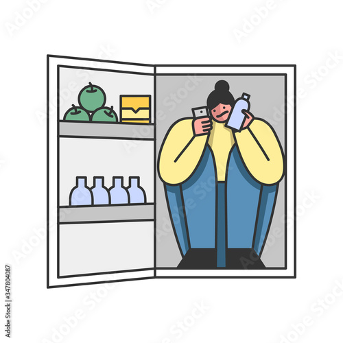 Concept Of Summer Hot Period Of Time. Sweltering In Heat Female Character Has Climbed Into Fridge, To Get A Little Bit Cool Of Heat In Hot Summer Day. Cartoon Linear Outline Flat Vector Illustration