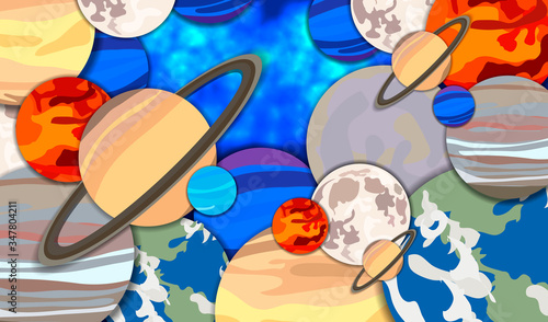 Vector cartoon galaxy space background, colorful planets on dark blue backdrop, graphic illustration.