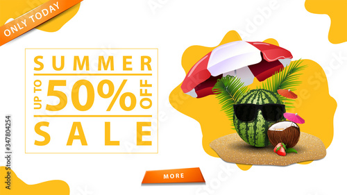 Only today, summer sale, up to 50% off, white discount web banner for your business with watermelon in sunglasses, button and liquid shapes on background
