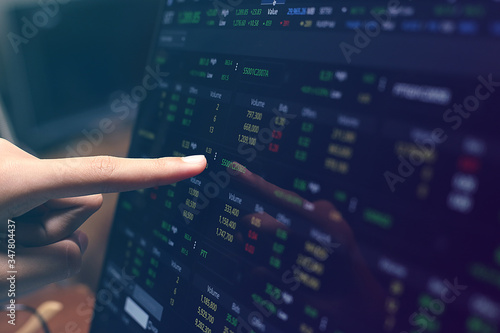 The Stock Exchange, Streaming Trade Screen, The stock screen Show the stock price rise, Trader hold the phone in hand.