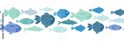 Blue fishes seamless vector border. Doodle line art ocean animal repeating pattern. 