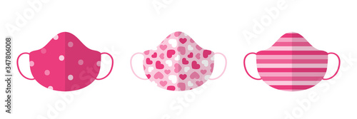 Cute pink cloth masks, sheet masks for face with ornaments vector set, collection.