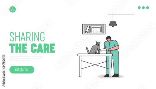 Modern Animal Clinic Concept. Website Landing Page. Kind Smiling Veterinarian In Medical Uniform Treat Cat, Bandaging Damaged Front Paw. Web Page Cartoon Linear Outline Flat Style Vector Illustration