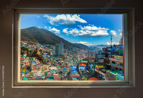 Gamcheon Culture Village on blue sky background at daytime in Busan city, South Korea. photo