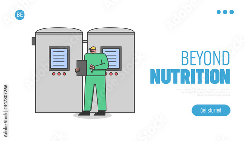 Concept Of Dairy Production. Website Landing Page. Operator Manages By Equipment, Controls Milk Filling And Pasteurization Process. Web Page Cartoon Linear Outline Flat Style. Vector Illustration
