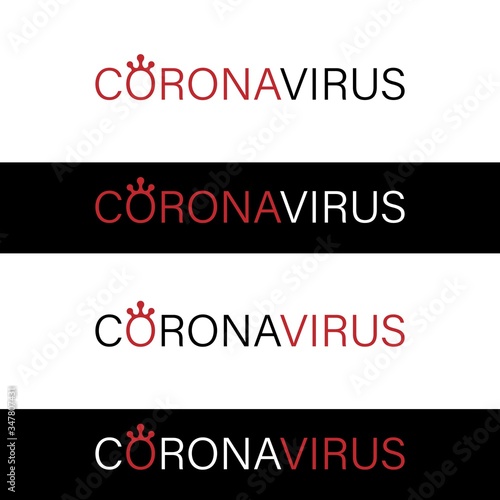 coronavirus COVID-19 name word text of sign for news header , vector black isolated on white with red accent microbe virus shape form like crown