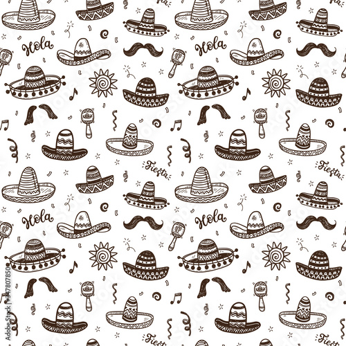 Vector seamless pattern with hand drawn doodle Mexican sombreros. Independence day, Cinco de mayo celebration, party decorations for your design.