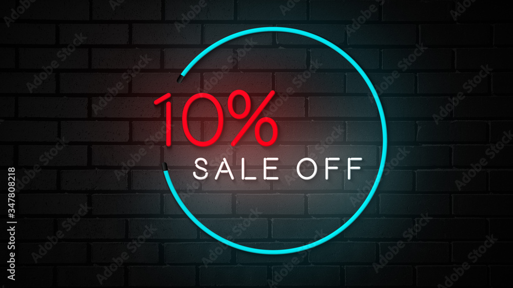 Obraz premium 10% sale off neon sign promotion animated graphics in brick backgrounds
