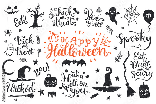 Happy Halloween graphic and lettering set. Trick or Treat, Boo, I put a spell on you and another phrases with hand drawn symbols.