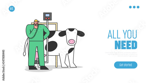 Concept Of Dairy Production. Website Landing Page. Man Milk Factory Worker In Uniform Controls Process Of Milking Cows And Quality. Web Page Cartoon Linear Outline Flat Style. Vector Illustration