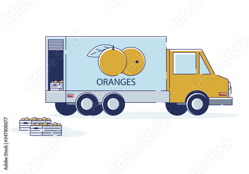 Concept Of Fruits Global Import, Export And Transportation. Delivery Truck With Logo With Open Tail Gate With Lots Of Wooden Boxes With Oranges. Cartoon Linear Outline Flat Style Vector Illustration