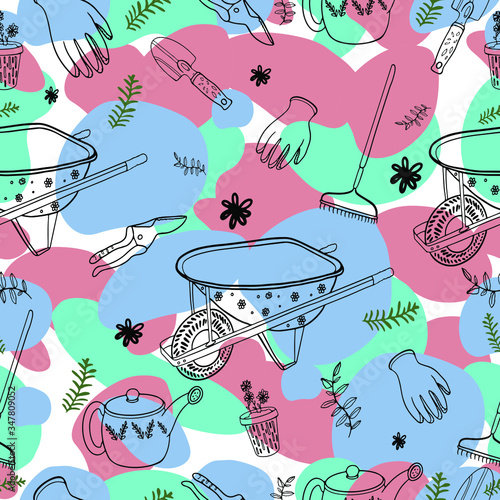 Gardening tools cute doodle on abstract background seamless pattern. Hand drawn vector outline garden equipment on color spots. Wheelbarrow, bypass pruners, watering can. Flat scandinavian design. 