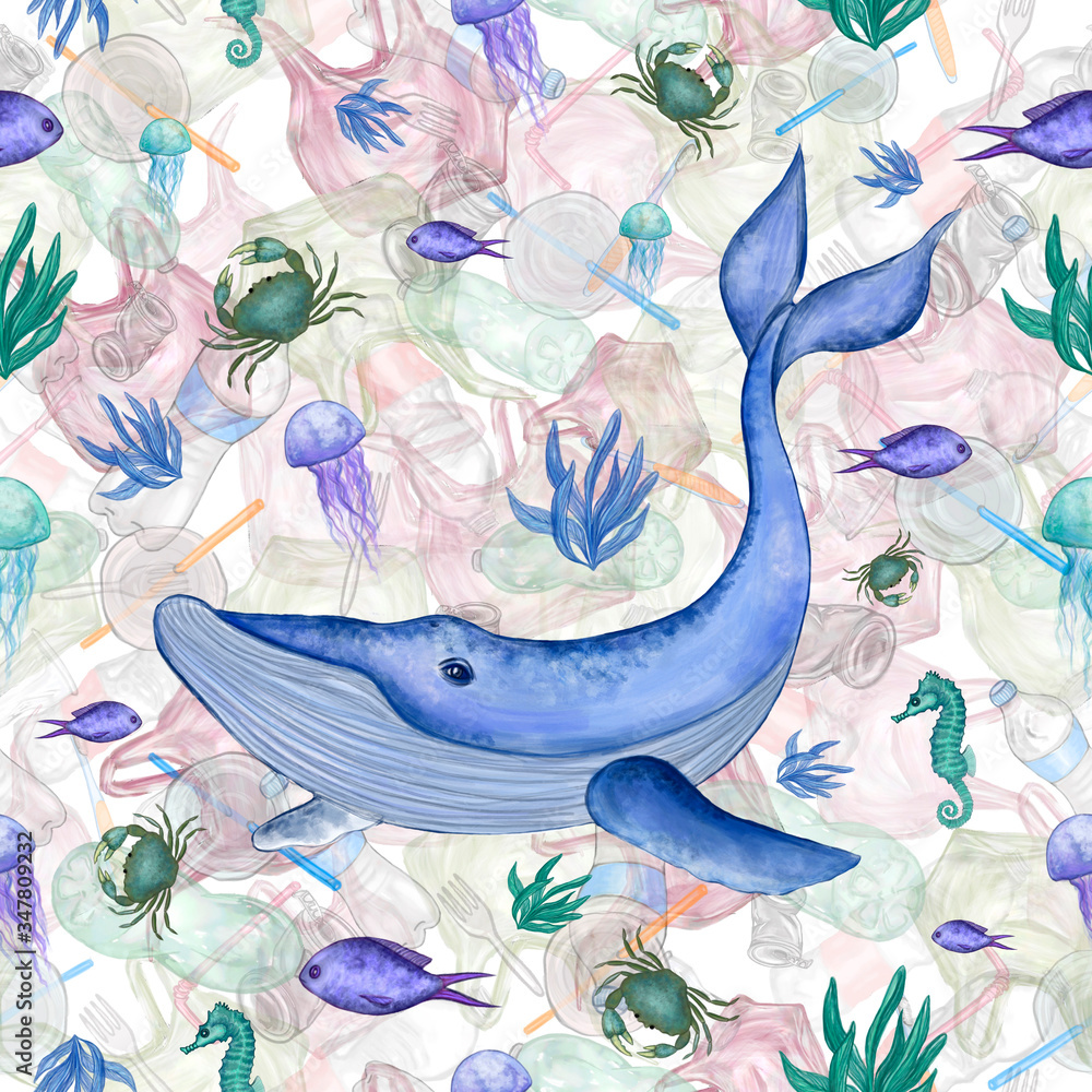 Fototapeta premium Realistic whale, crab, sea fishes, sea horses, jelly fishes and seaweed in plastic trash seamless pattern. Hand drawn watercolor illustration of Ocean pollution. Ecological problem.