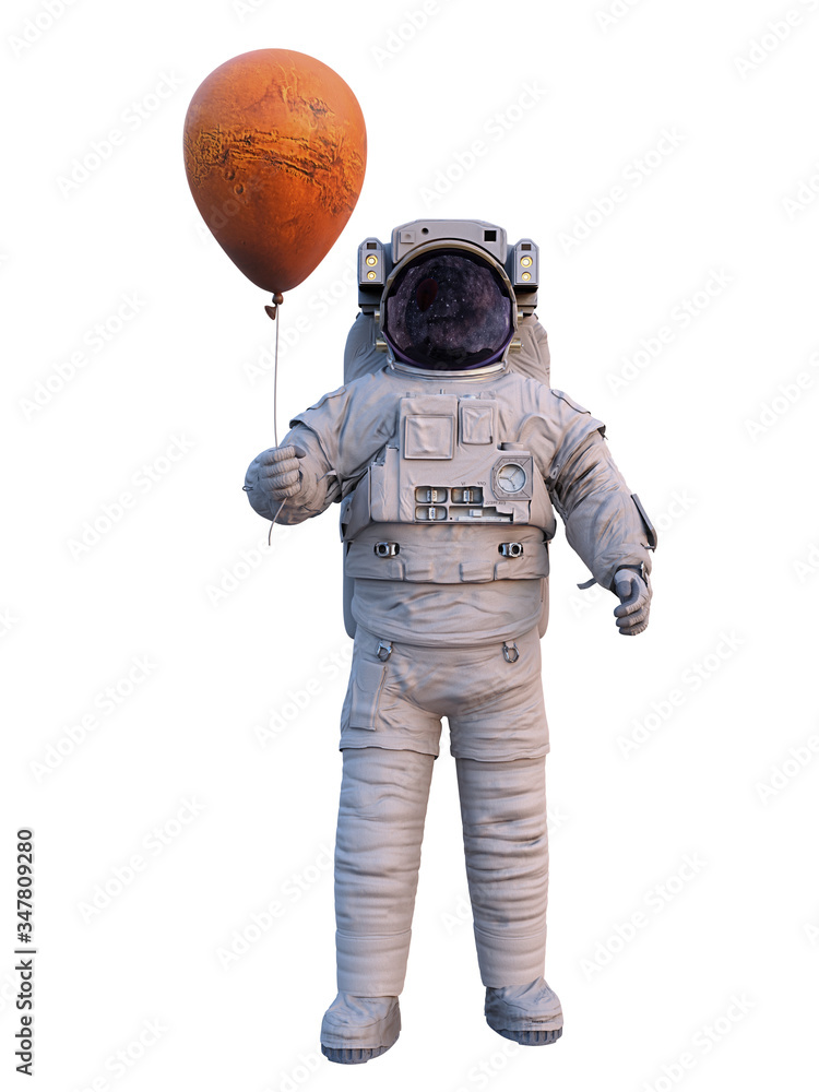 astronaut with planet Mars balloon isolated on white background astronaut with planet Mars balloon isolated on white background