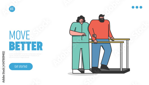 Rehabilitation Concept. Website Landing Page. Doctor Woman Helps Injured Man Get Well Soon. Character Doing Exercises With Nurse Help. Web Page Cartoon Linear Outline Flat Style. Vector Illustration